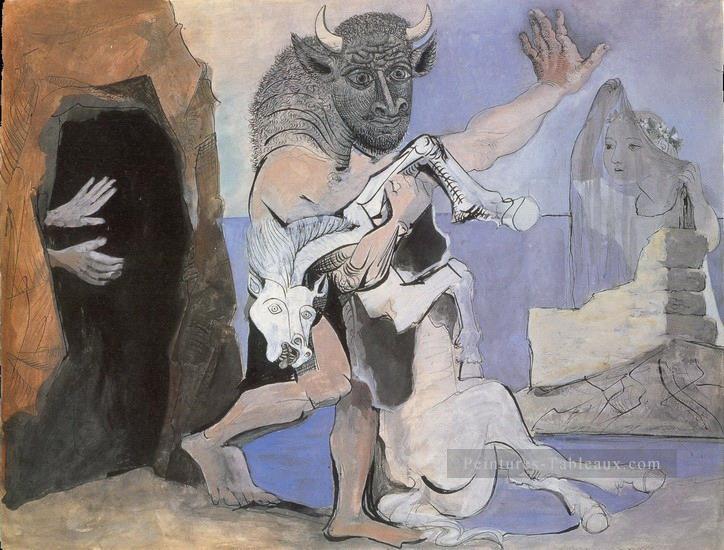 Minotaure et jument morte devant une grotte face à une fille au voile 1936 Pablo Picasso Peintures à l'huile